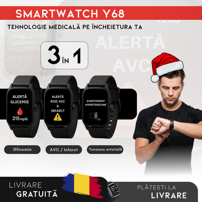 PROMOTIE DE CRĂCIUN: Smartwatch Y68 – Monitor Medical 3 în 1 (Glicemie, Tensiune, Risc AVC) | Meniu în română