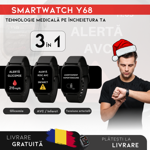 PROMOTIE DE CRĂCIUN: Smartwatch Y68 – Monitor Medical 3 în 1 (Glicemie, Tensiune, Risc AVC) | Meniu în română